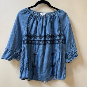 Crown & Ivy | Denim Blue Embroidered Blouse